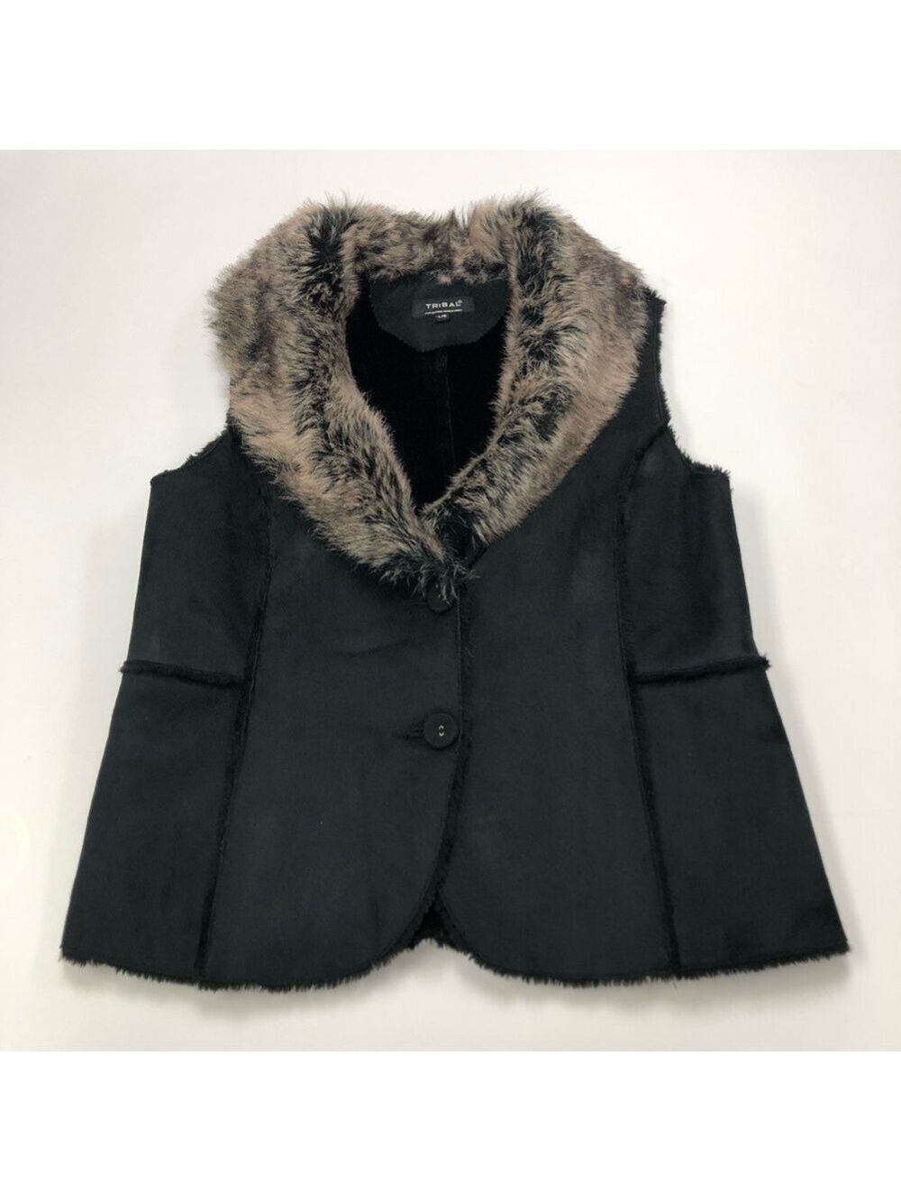 Tribal black shearling look faux fur trim vest Large
